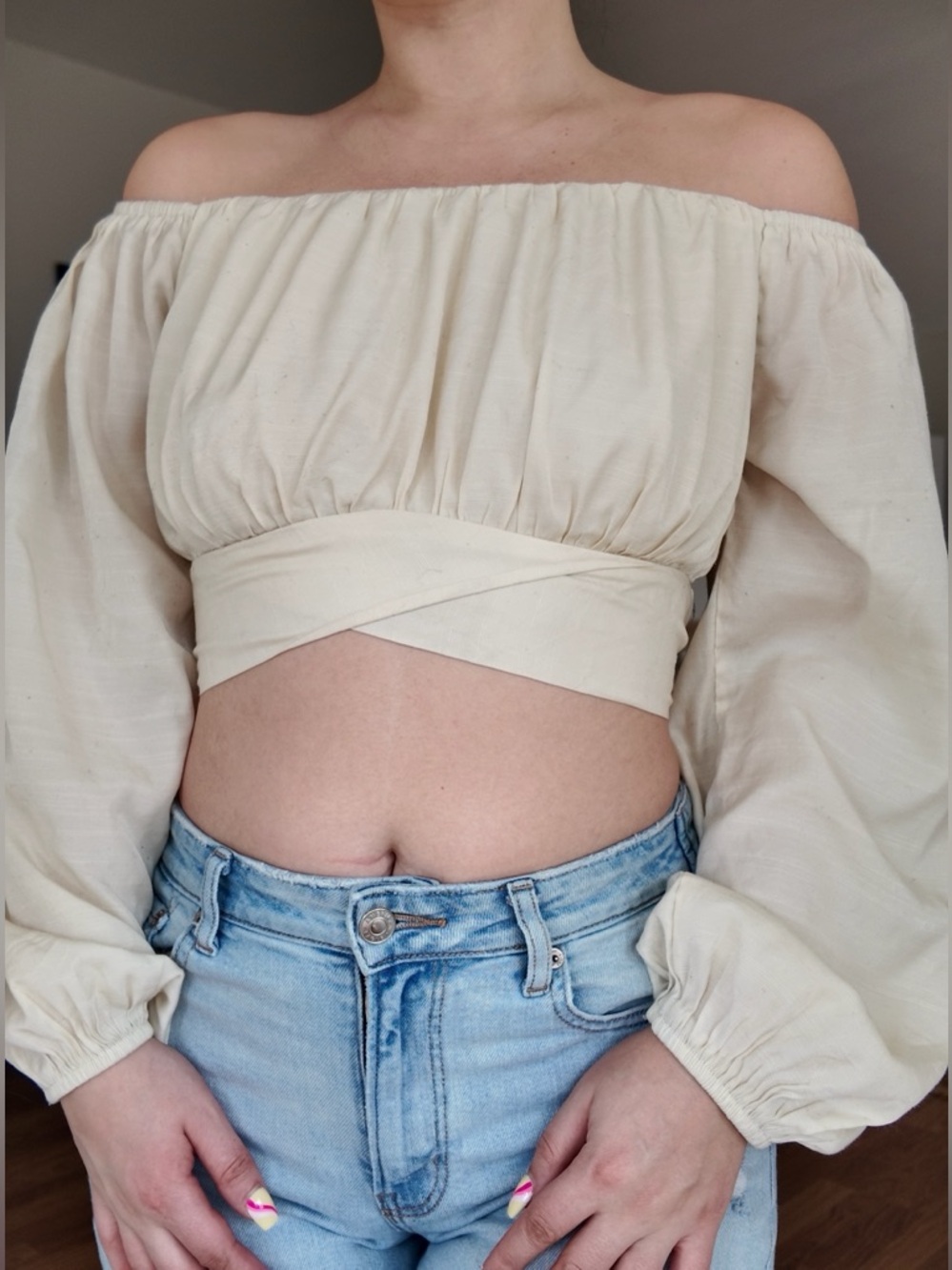 Off-Shoulder Butter Yellow Crop Top with Balloon Sleeves